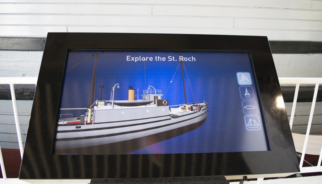 Explore the St. Roch with the new touchscreen designed and developed by Centre for Digital Media students. (Credit Lizzie Brotherston, Vancouver Maritime Museum)