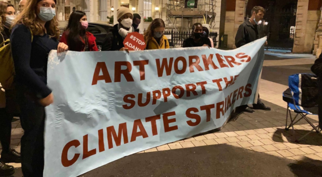 Arts workers join youth-led vigil outside the Science Museum in protest at fossil fuel sponsorship. Photo: Rue