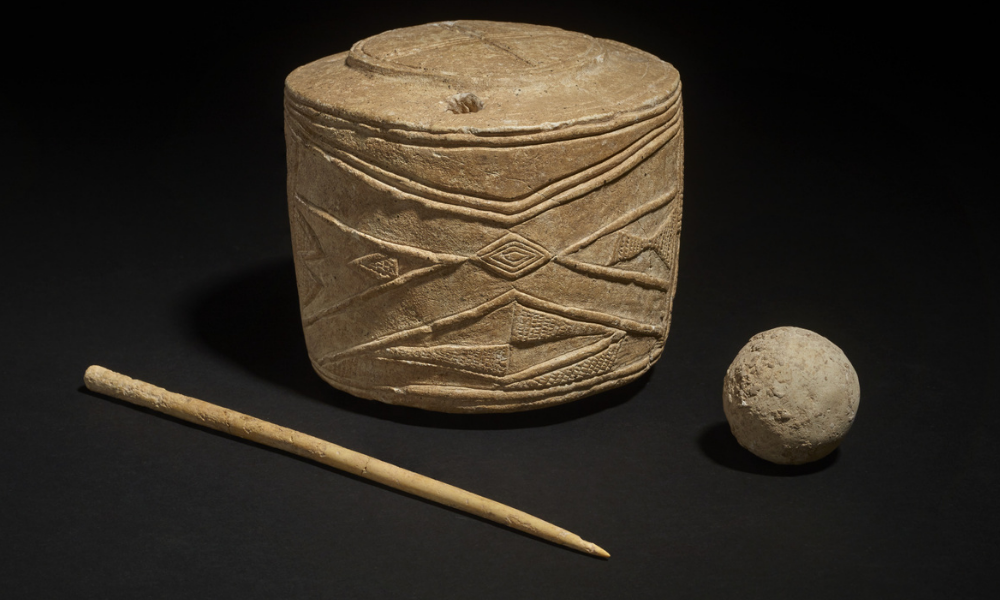 Burton Agnes chalk drum, chalk ball and bone pin. 3005–2890BC. © The Trustees of the British Museum