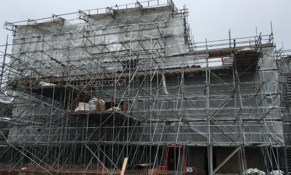 Exterior scaffolding during the renovation of Hay Castle