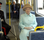 Queen Elizabeth II rides on the new Sunderland to Newcastle Metro Link after officially opening it. May 2002. (c) PA Images : Alamy Stock Photo