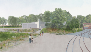 Proposed view of new collection building at Locomotion - AOC Architecture with J&L Gibbons landscape