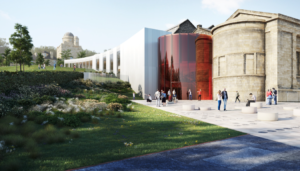A design shows the exterior of the Paisley Museum with a red glass extension