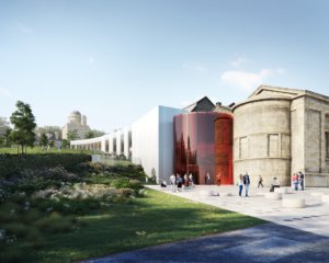 A design shows the exterior of the Paisley Museum with a red glass extension