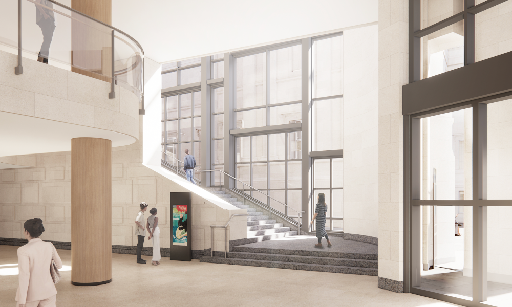 Alternate view of the staircase within the Sainsbury Wing, showing new transparent glass. Credit: Selldorf Architects