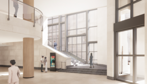 Alternate view of the staircase within the Sainsbury Wing, showing new transparent glass. Credit: Selldorf Architects