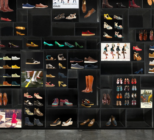 A visualisation of the upcoming exhibition shows a tall series of shelves with a variety of shoes