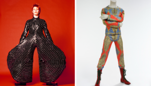 Left/ Striped bodysuit for Aladdin Sane tour, 1973. Design by Kansai Yamamoto. Photograph by Masayoshi Sukita. © Sukita and The David Bowie Archive Righ: Quilted two-piece suit, 1972. Designed by Freddie Burretti for the Ziggy Stardust tour. © The David Bowie Archive