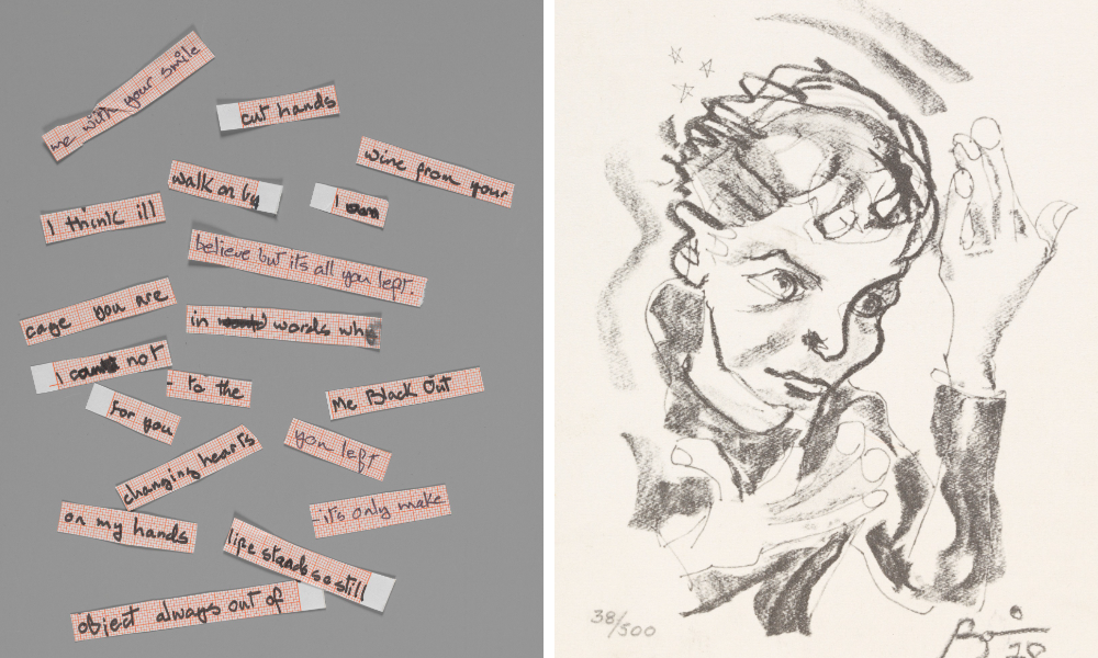 Left: Cut up lyrics for ‘Blackout’ from “Heroes”, 1977 by David Bowie. © The David Bowie Archive. Right: Self-portrait in pose also adopted for the album cover of “Heroes”, 1978 by David Bowie. © The David Bowie Archive
