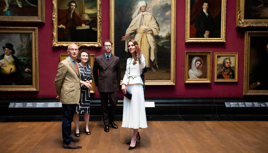 Simon Thurley, Chair of The National Lottery Heritage Fund, Jenny Waldman, Director of Art Fund, Nicholas Cullinan and The Princess of Wales in front of Sir Joshua Reynolds' Portrait of Mai (Omai)